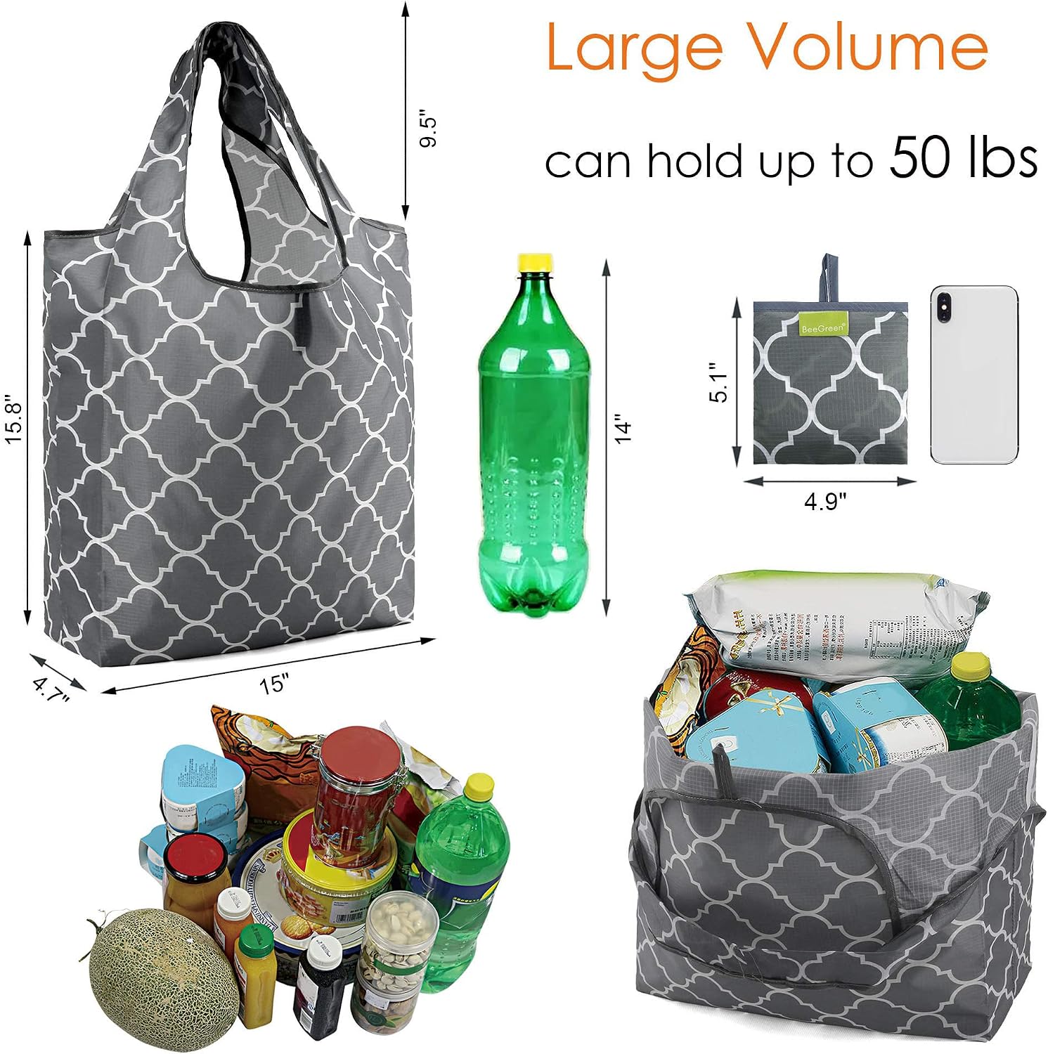 BeeGreen Grocery Bags | Reusable Gift Bags, Large Tote for Women & Foldable Beach Bag - 6 Pack Reusable Bag With Handles | Collapsible Cute Cloth Storage for Market, Holiday & Shopping | Washable​