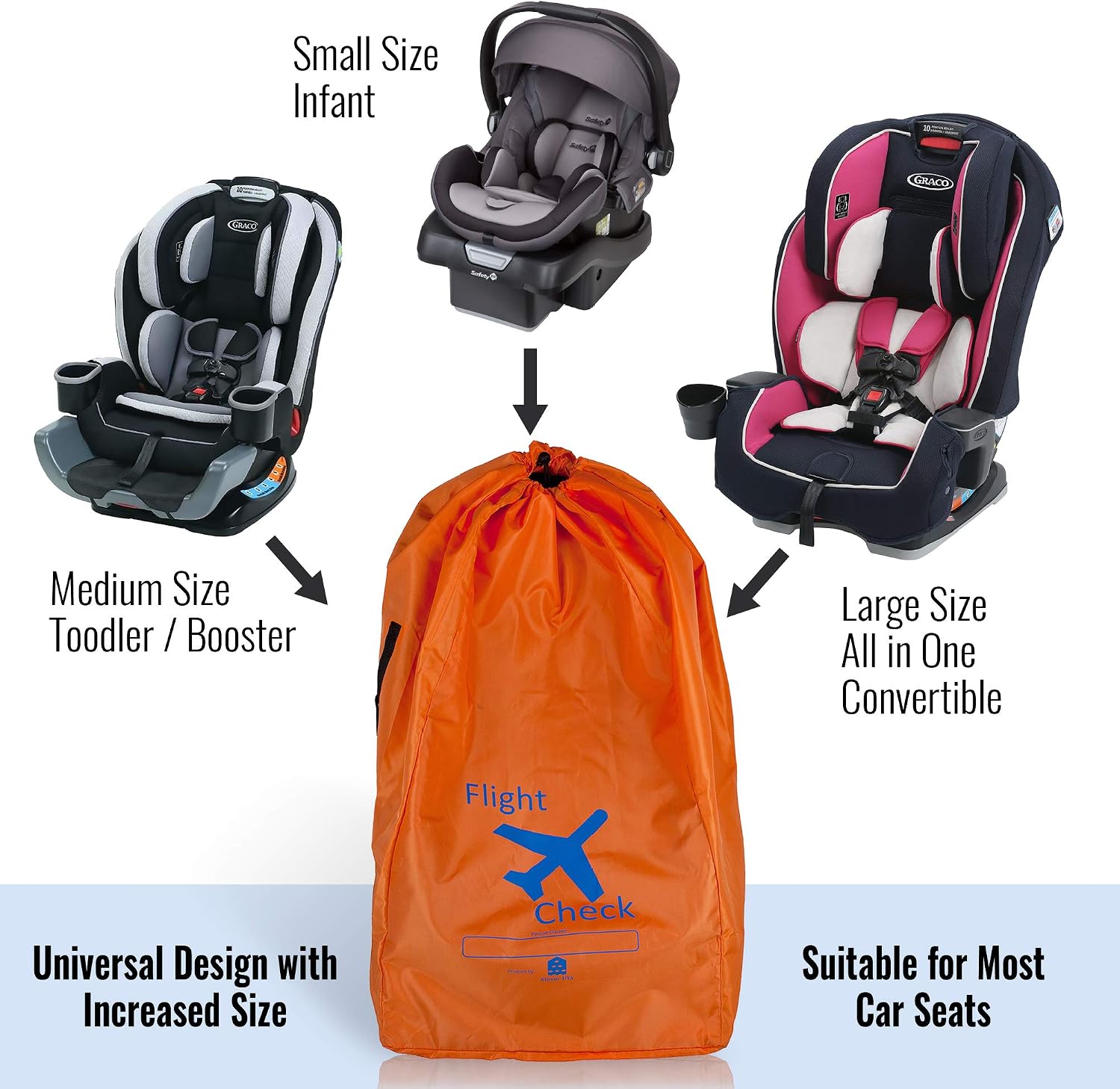Car Seat Travel Bag and Carrier for Gate Check with Travel Pouch - Bright Orange with Blue Letters for Airport, Airplane Gate Check