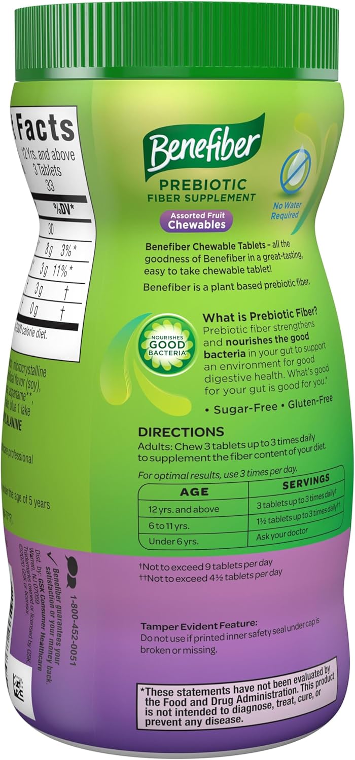 Benefiber Chewable Prebiotic Fiber Tablets, Assorted Fruit Flavors, 100 Ct | Plant-based Prebiotic Fiber, Supports Gut Health by Nourishing Good Gut Bacteria, GLP-1 Support for Digestive Health