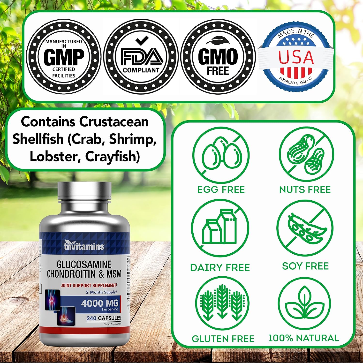 tnvitamins Glucosamine Chondroitin MSM Capsules, 240 Count | 4, 000 mg Per Serving | 2, 000 mg Glucosamine Sulfate 2KCl + 2