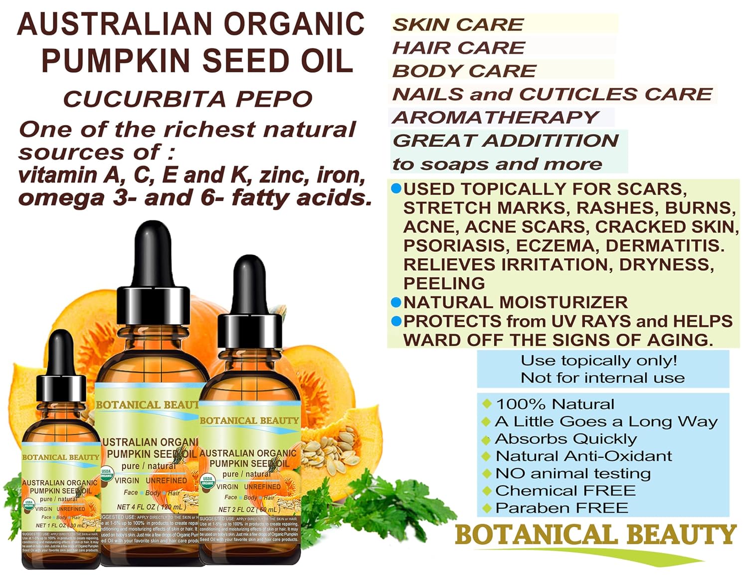 Botanical Beauty Australian ORGANIC PUMPKIN SEED OIL 100% Pure Natural Virgin Unrefined Cold Pressed Carrier Oil. 1 Fl.oz.- 30 ml. for Face, Skin, Hair, Lip, Nails