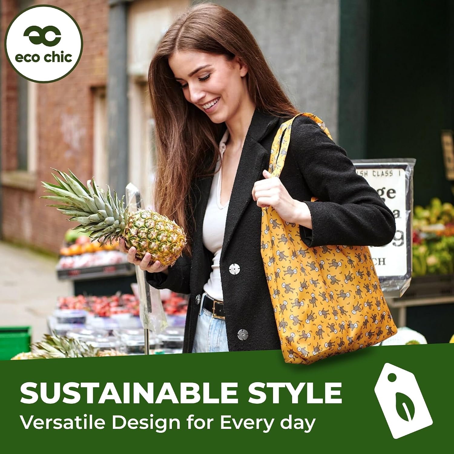 ECO CHIC Foldable Reusable Grocery Bags - Lightweight, Recycled & Reusable Shopping Bag - Waterproof Packable Tote