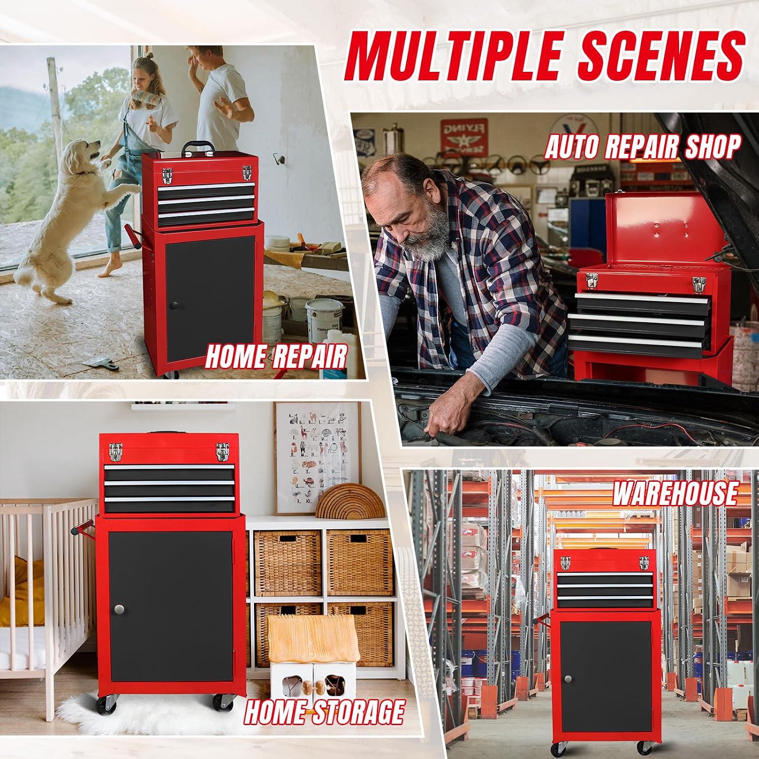 Road DAWG ATBT1204D-Red Torin Rolling Garage Workshop Tool Organizer: Detachable 4 Drawer Tool Chest with Large Storage Cabinet and Adjustable Shelf
