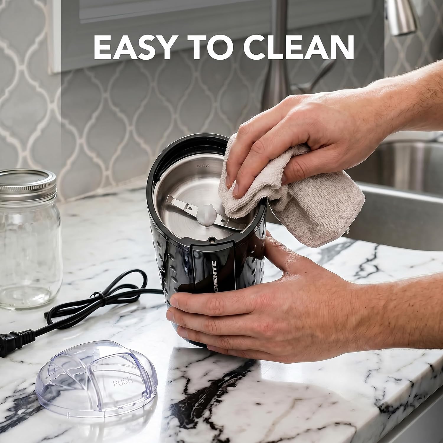 OVENTE Electric Coffee Grinder with One Touch Push-Button, White CG225W | 2.5oz Capacity, 150W Motor, Stainless Steel Blades for Uniform Grinding of Beans, Spices, Herb, Nuts & More, Safety Lock Lid