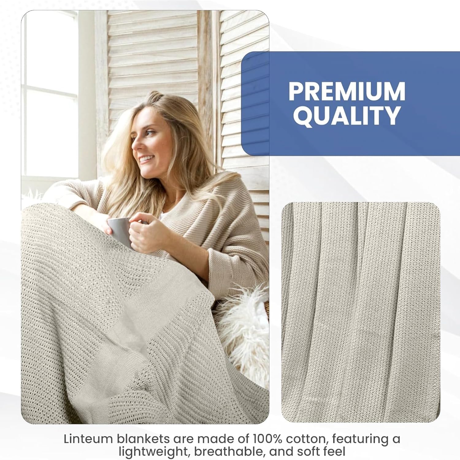 Linteum 100% Cotton Open-Cell Leno Weave Blanket — Breathable All Season — Queen 90x90 — Ice Grey