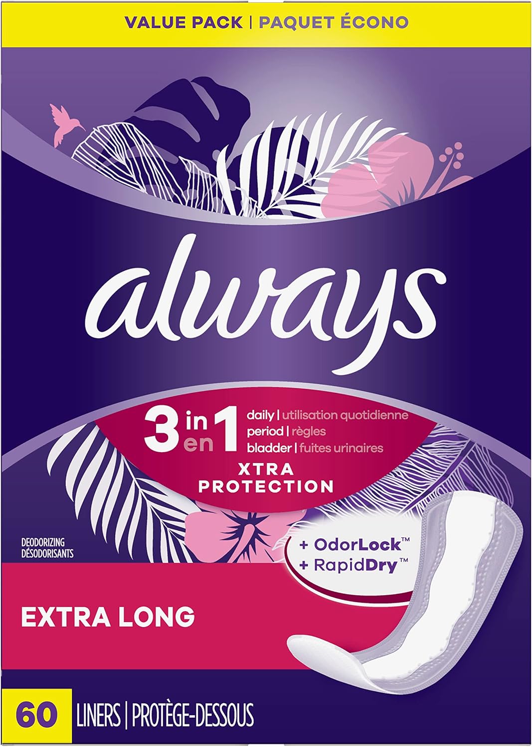 Always Panty Liners for Women Xtra Protection 3-in-1 Daily Liners for Women, Extra Long, Scented, 60 Count