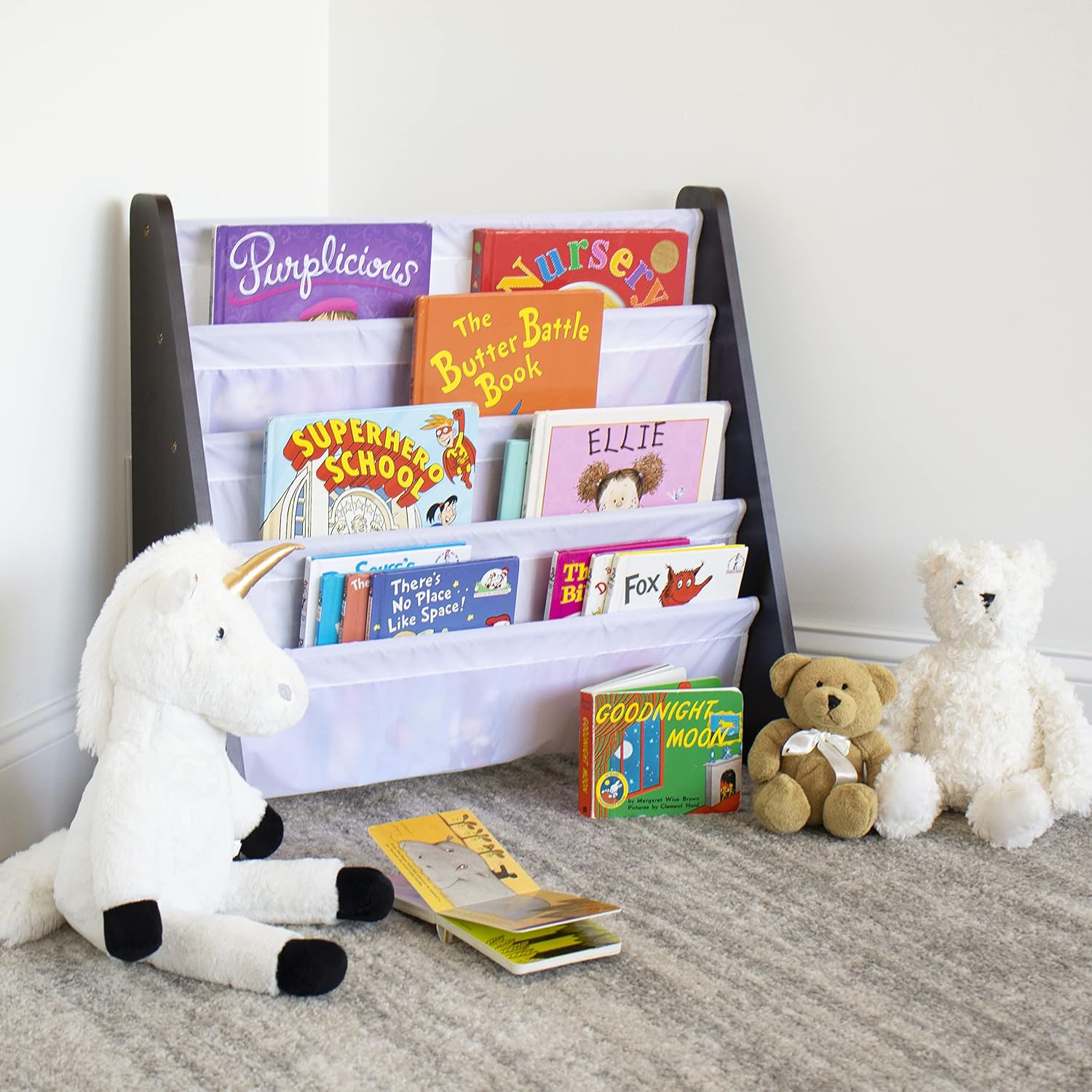 Humble Crew Kids Bookshelf, Montessori Front Facing Toddler Bookcase 4 Tier | Book display rack and reading nook organizer, nylon pockets show covers face out, compact for any playroom or bedroom space