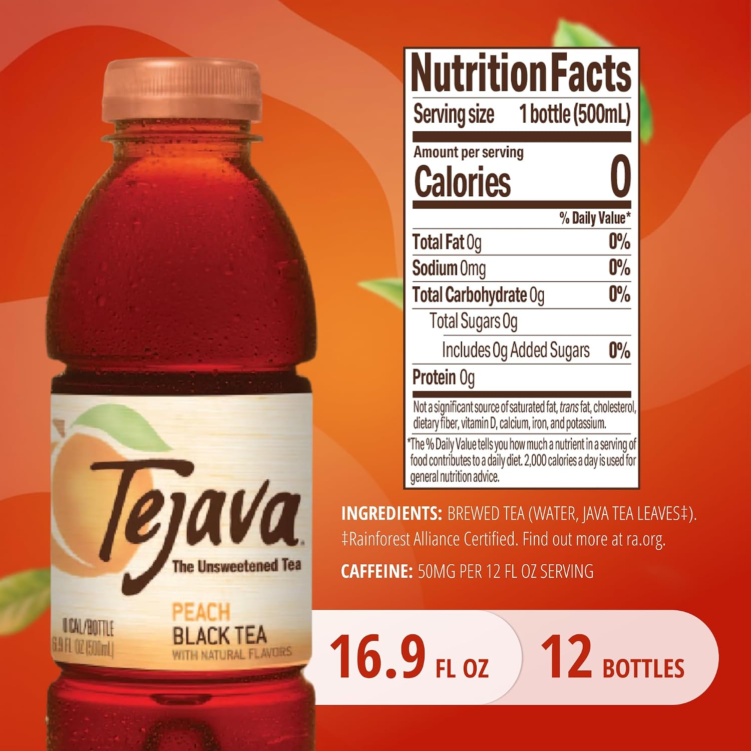 Tejava Pineapple Mango Unsweetened Black Iced Tea, 16.9 fl oz, Pack of 12