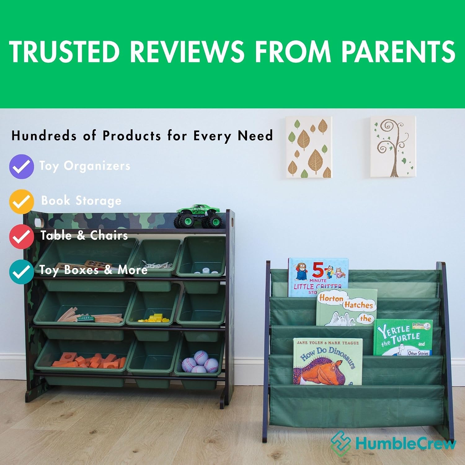 Humble Crew Kids Bookshelf, Montessori Front Facing Toddler Bookcase 4 Tier | Book display rack and reading nook organizer, nylon pockets show covers face out, compact for any playroom or bedroom space