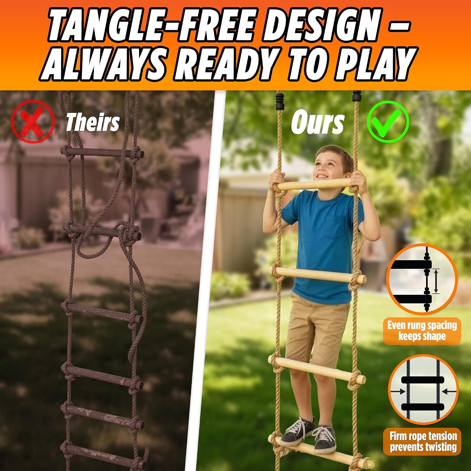 Wooden Rope Ladder for Kids - 6ft Tree Climbing Ladder with Carabiners