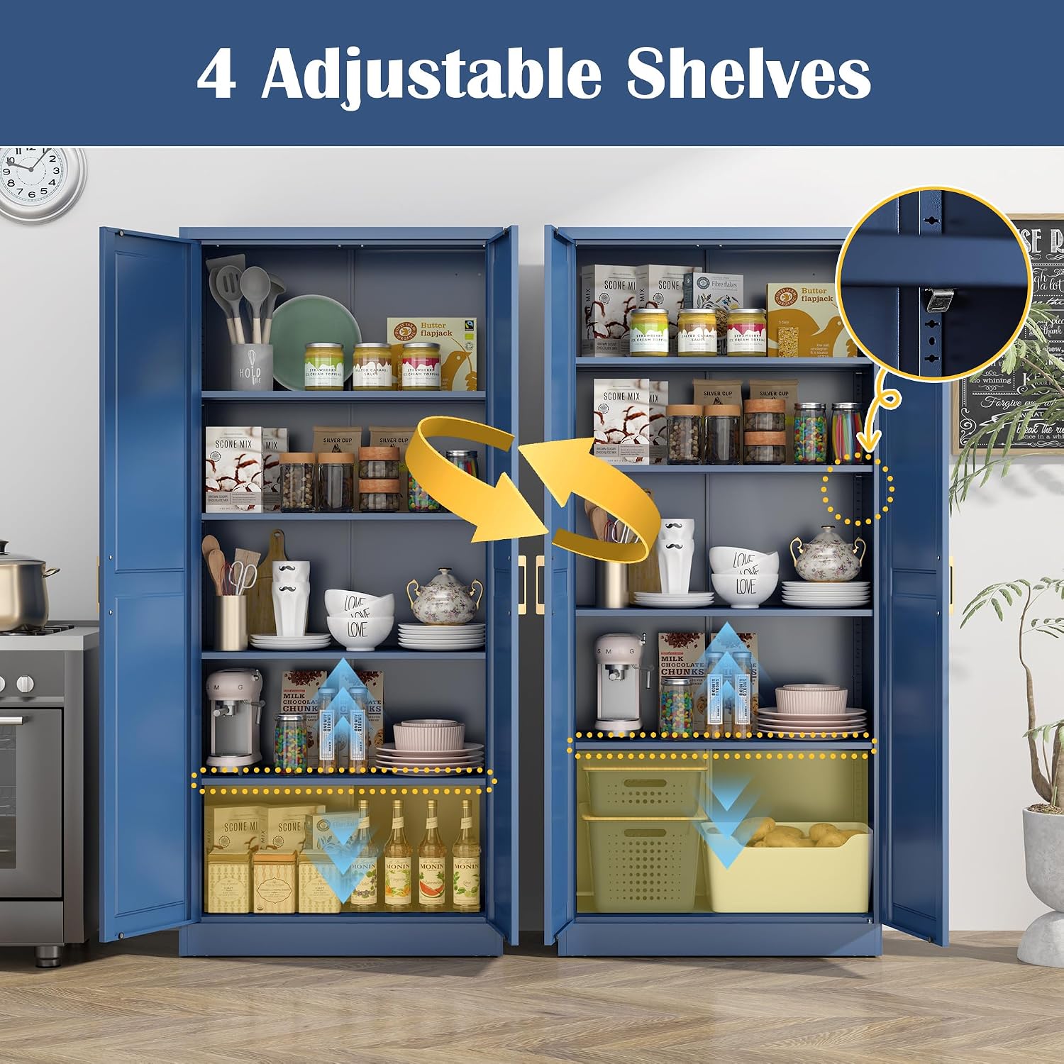 Steeloong 71"Metal Pantry Storage Cabinet with Doors & 4 Adjustable Shelves | Kitchen Pantry Cabinet,White Kitchen Cabinet with 2 Gold Handles,Tall Cabinet for Livingroom,Pantry, Bathroom,Kitchen