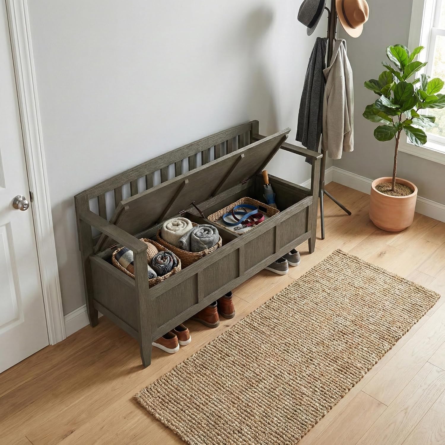 SIMPLIHOME Connaught 30" Wide Solid Wood Storage Bench in Chestnut Brown | Contemporary entryway bench with lift-up lid and hidden storage; mudroom, hallway, foyer, or shoe bench.