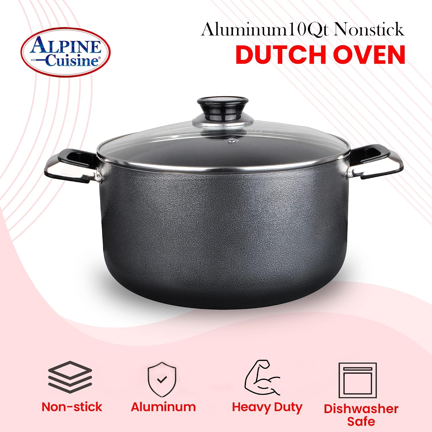 Alpine Cuisine 4 Quart Non-stick Stock Pot with Tempered Glass Lid and Carrying Handles, Multi-Purpose Cookware Aluminum Dutch Oven for Braising, Boiling, Stewing