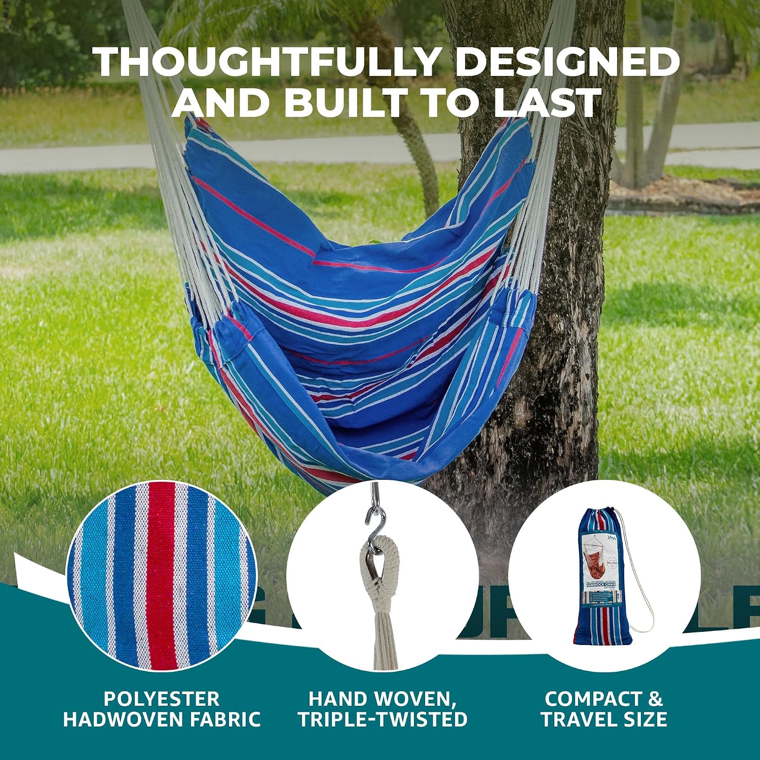 Bliss Hammocks BHC-412NT Island Rope Hammock Chair, Eco Friendly & Hand Woven, Varnish Coated 40 Inch Wood Spreader, Easy to Hang w/Included Hanging Kit, Supports up to 265 pounds, Natural Rope