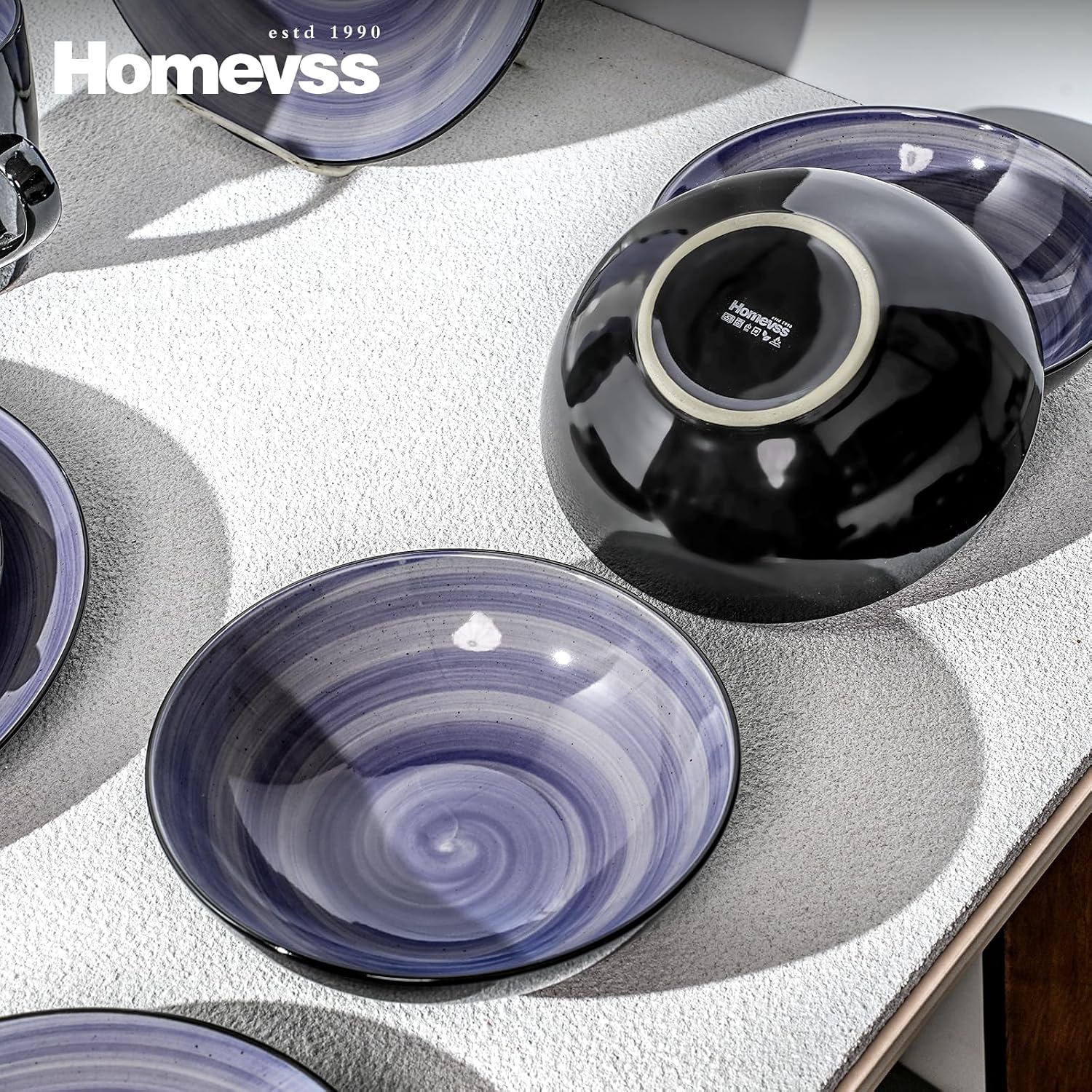 HomeVss, Sonoma Stoneware Dinnerware Set, Outside Black + Inside Hand Painting Color (16pc Set, Grey)