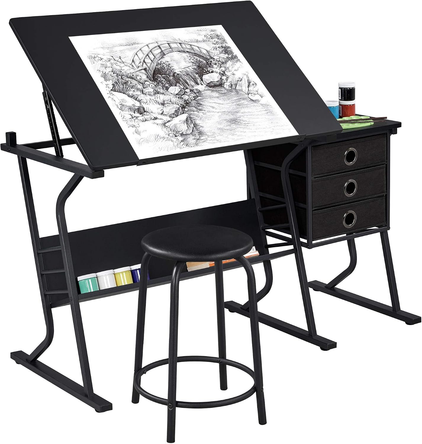 Topeakmart Height Adjustable Drafting Table Art Craft Desk Work Station Hobby Design Studio Tiltable Tabletop Drawing Desk with Stool & Storage
