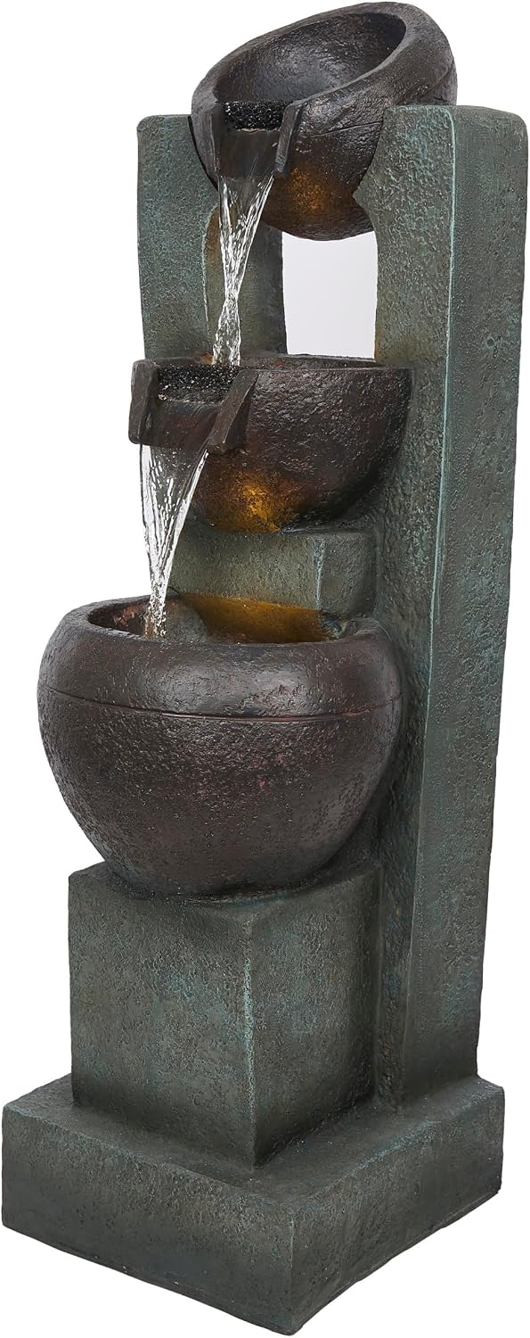 Alpine Corporation WIN326 Indoor Tabletop Light-Up Tiered Rainforest Tree Trunk Water Fountain with LED Lights, 11", Brown