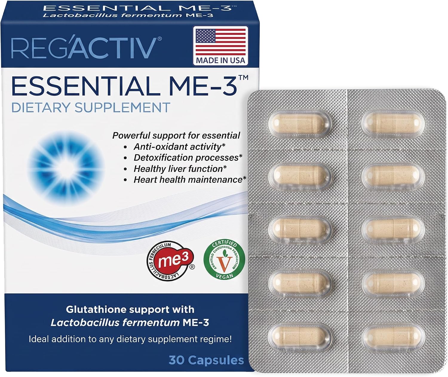 Reg'Activ Essential ME-3 Glutathione Supplement, Probiotic, 30 Vegan Caps
