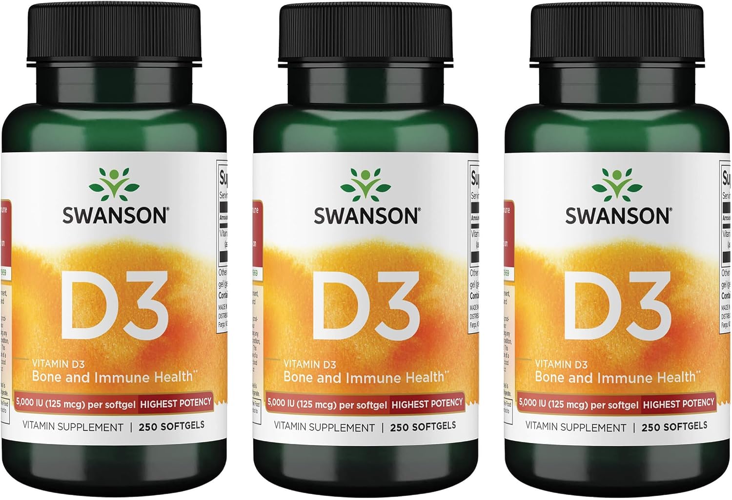 Swanson Vitamin D3 5,000 IU, 125 mcg Cholecalciferol, 250 Softgels | For Sun-Deprived Adults Seeking Bone, Immune, and Heart Support, 125 mcg Cholecalciferol, the Active Vitamin D3