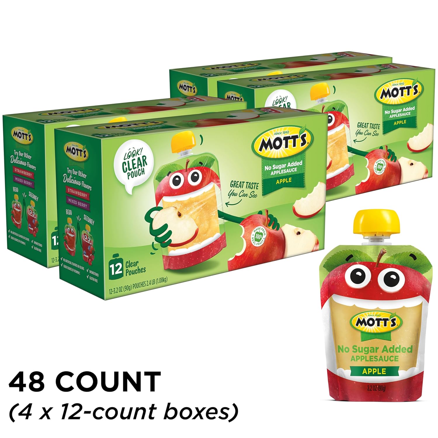 Mott's No Sugar Added Applesauce, 3.2 Oz Clear Pouches, 48 Count (4 Packs Of 12), Good Source Of Vitamin C, No Artificial Flavors