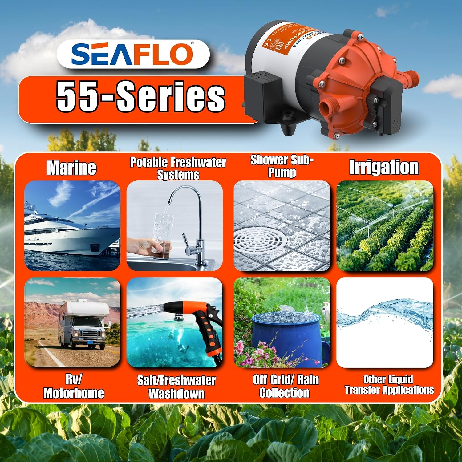 SEAFLO 55 Series 12V RV Water Pump 5.5 GPM 60 PSI Diaphragm Pump Heavy Duty Pressure Switch Built In Bypass Self Priming Quiet High Flow RV Marine Off Grid Freshwater System 4-Year Warranty