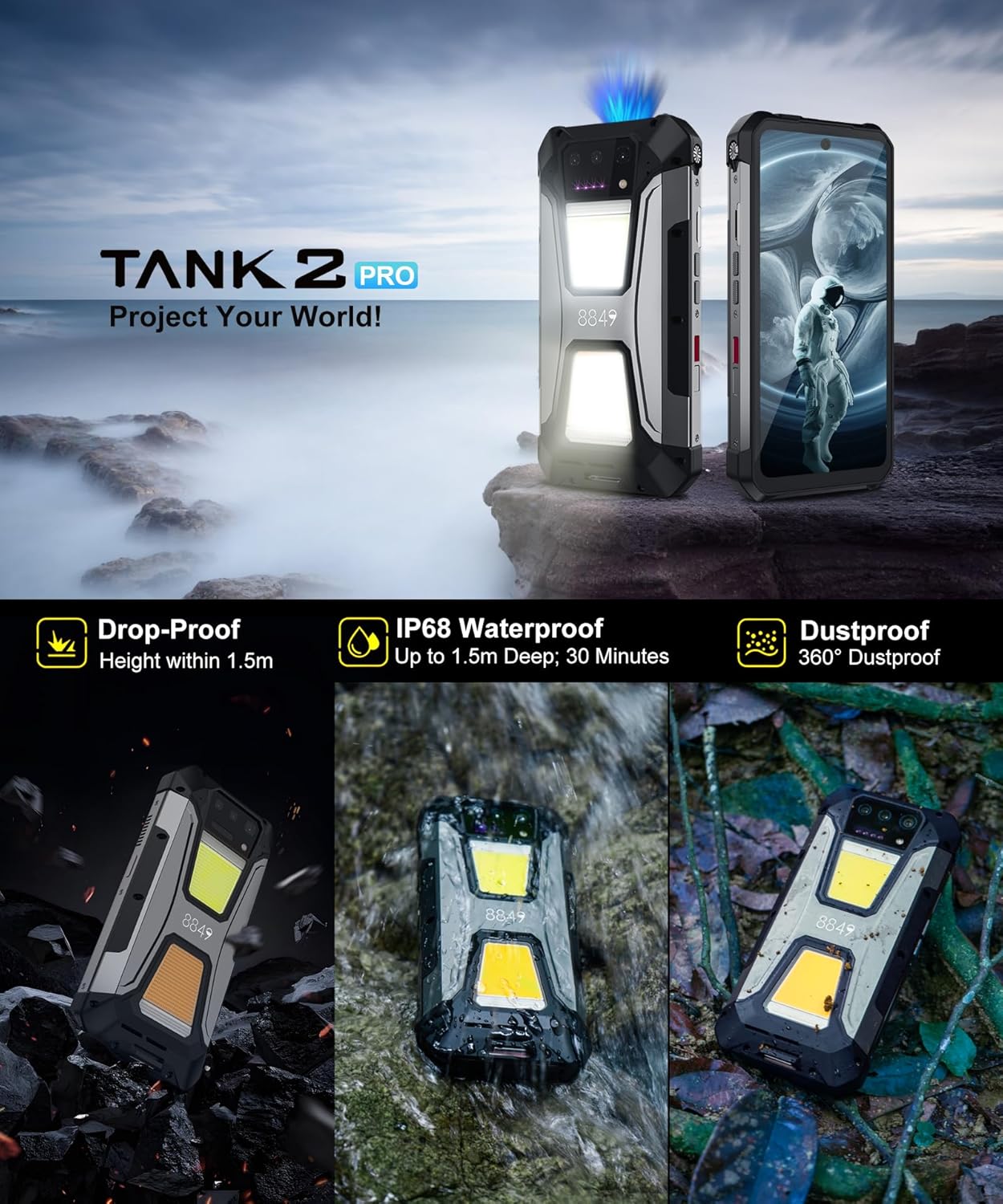 8849 Tank 2 Pro Phone, Rugged Android Smartphone with 23800mAh Big Battery | 6.79’’, Built-in Projector, Android 15