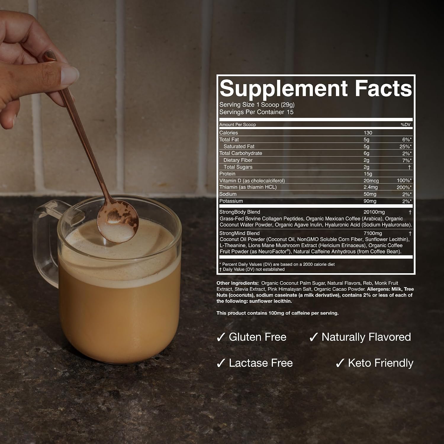 Strong Coffee Co. Hazelnut Instant Latte | 15 Servings | Organic Coffee with Collagen Protein | Lion’s Mane & L-Theanine | Adaptogens & Nootropics
