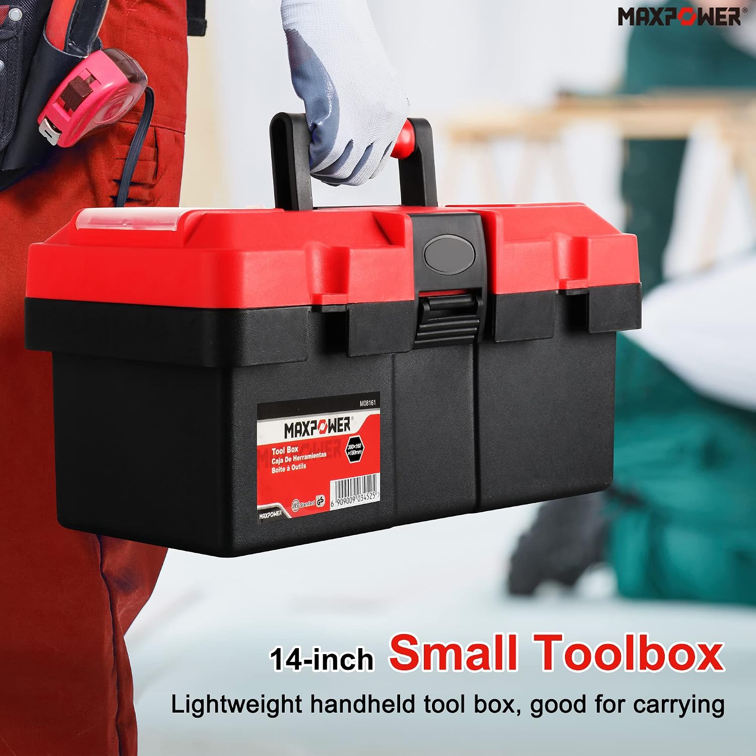 MAXPOWER Small Tool Box, 14-inch Plastic Tool Boxes with Handle | Removable Tray with Dual Lock Secured, Red Toolbox for Home