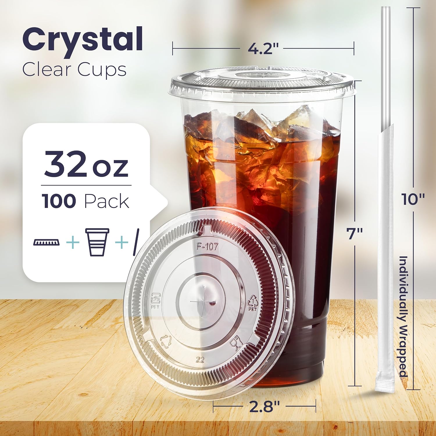 Fit Meal Prep 100 Pack 16 oz Clear Plastic Cups with Flat Lids, Disposable Iced Coffee Cups, BPA Free Premium Crystal Smoothie Cup for Party, Lemonade Stand, Cold Drinks, Juice, Milkshake