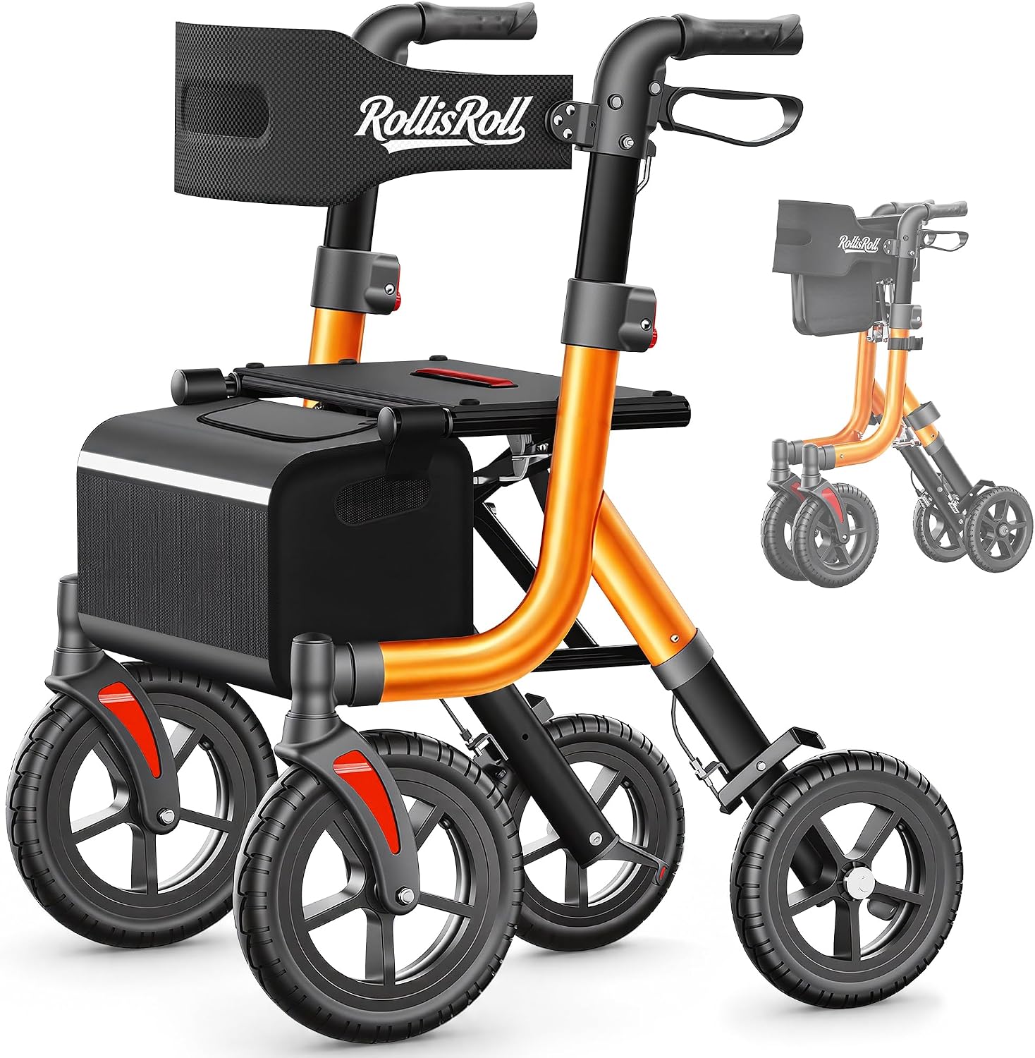 Walkers for Seniors, Rollator Walker with Seat, 10" Big Rubber Wheels All Terrain Rolling Walker, Lightweight Foldable Rollator Walker, Built-in Cable, Reinforced Aluminum Frame, Orange