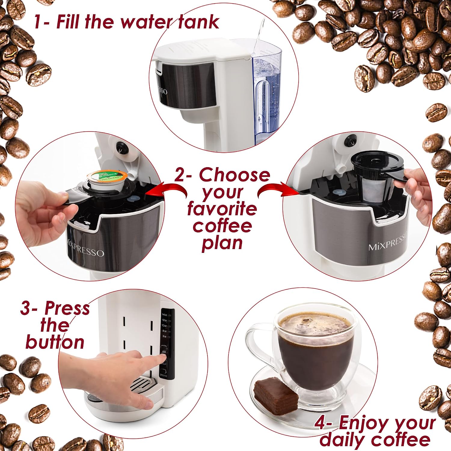 Mixpresso Black Single Serve Coffee Brewer K-Cup Pods Compatible & Ground, 30 oz Compact Coffee Maker Single Serve With 5 Brew Sizes Up To 14 Oz