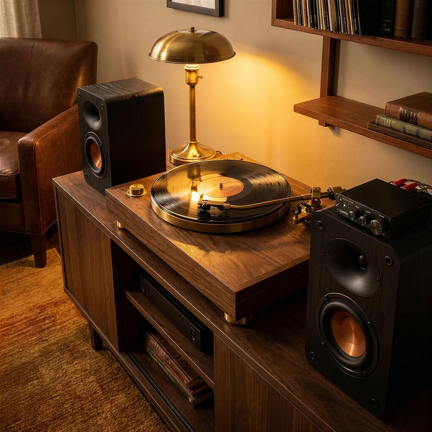 RIOWOIS Passive Bookshelf Speakers, Home Stereo Speakers for Record Player | Silk-Dome Horn Tweeter, 4 inch Woofer, Gold-plated Terminals