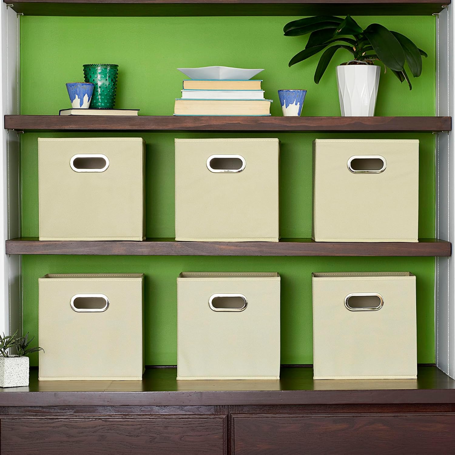 Household Essentials Fabric Storage Bins 6 Piece Set, Strong Poly-Woven Fabric, Sturdy Chipboard Sides, Grommet Front Handle, Stackable and Foldable, Classic Design, Navy