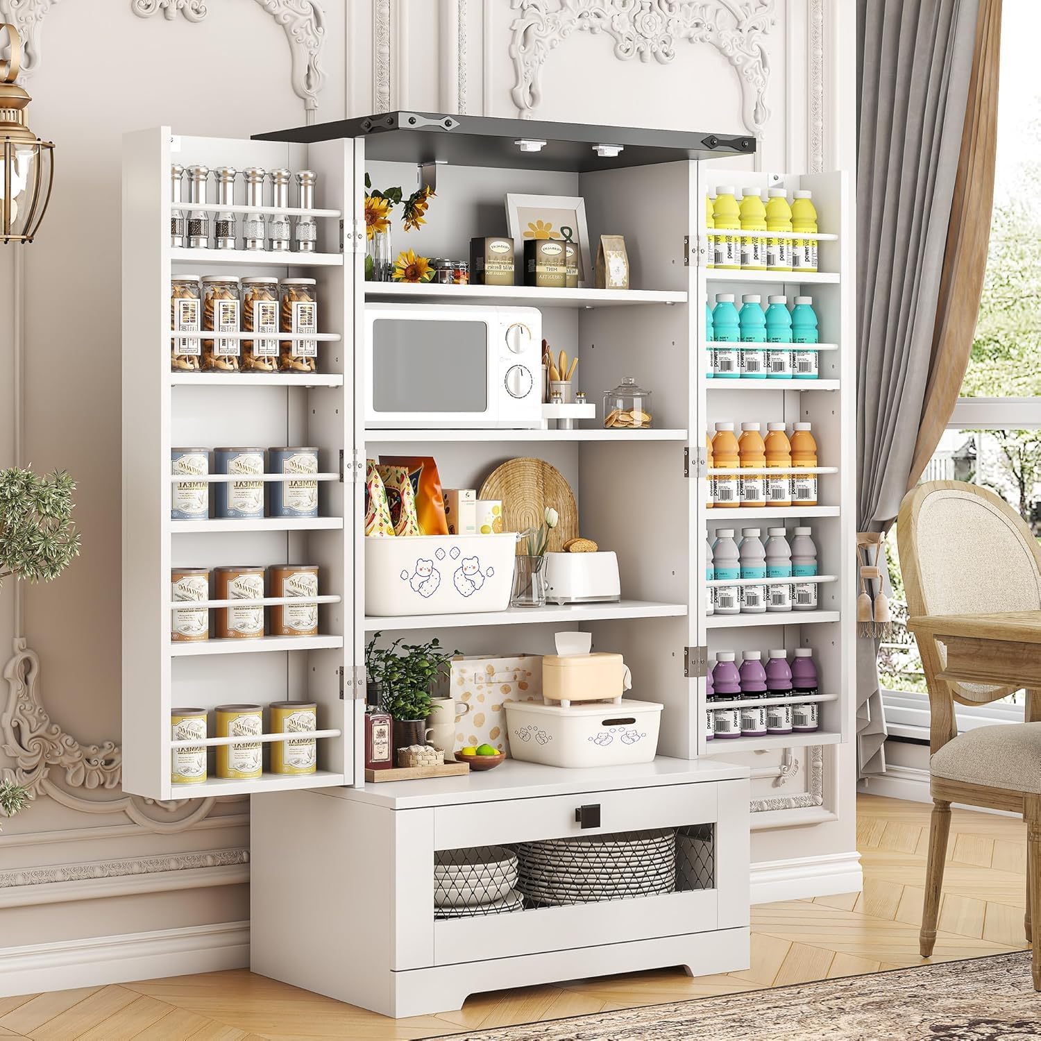 kepptory 47” Pantry Cabinet, Kitchen Pantry Storage Cabinet with Doors and Adjustable Shelves,Freestanding Buffet Cupboards Sideboard for Living Room and Dinning Room (White)