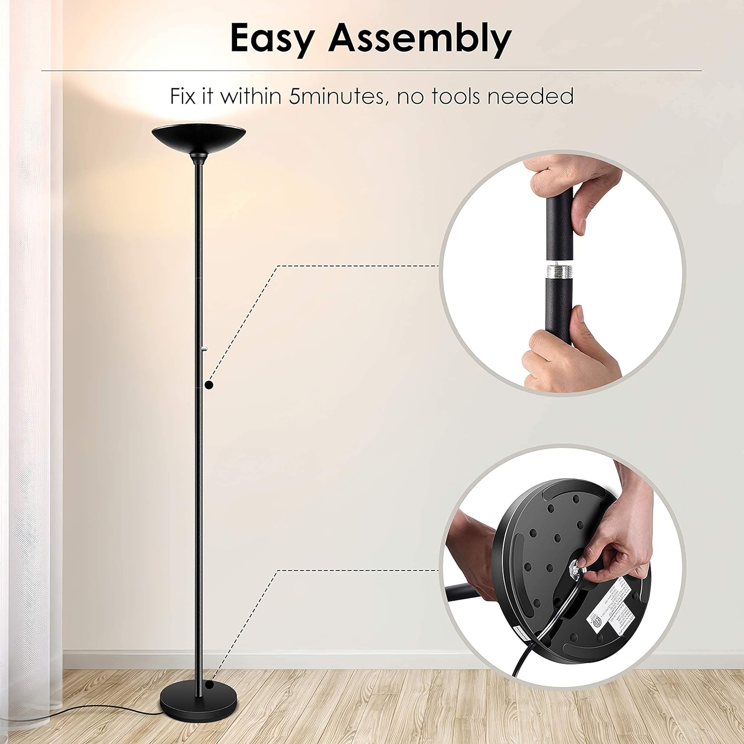 BoostArea Torchiere Floor Lamp, 30W Super Bright LED Standing Lamp, Stepless Dimmable Pole Lamp with 3000K Lighting, Rotary Switch