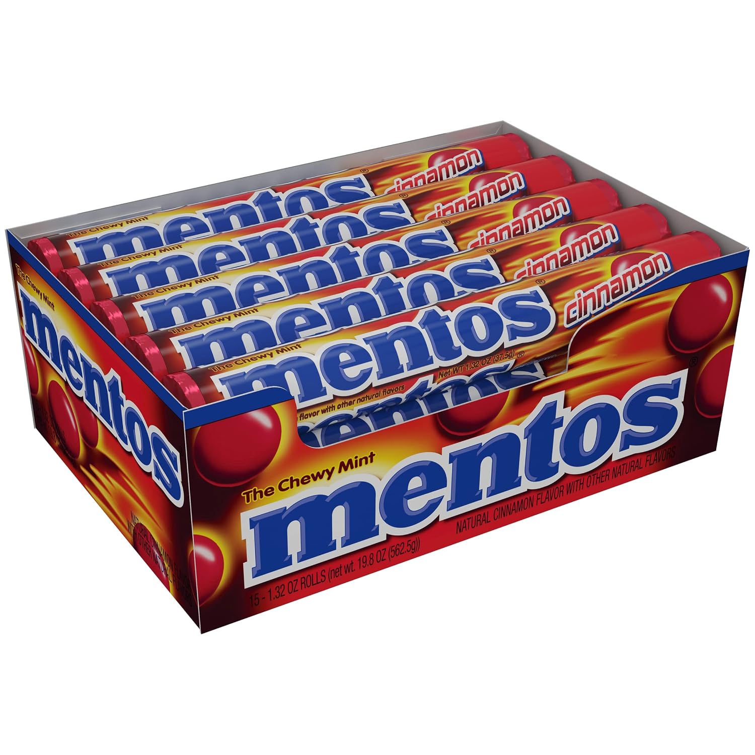 Mentos Chewy Mint Candy Roll, Cinnamon, 14 Pieces Per Roll, 15 Count Pack