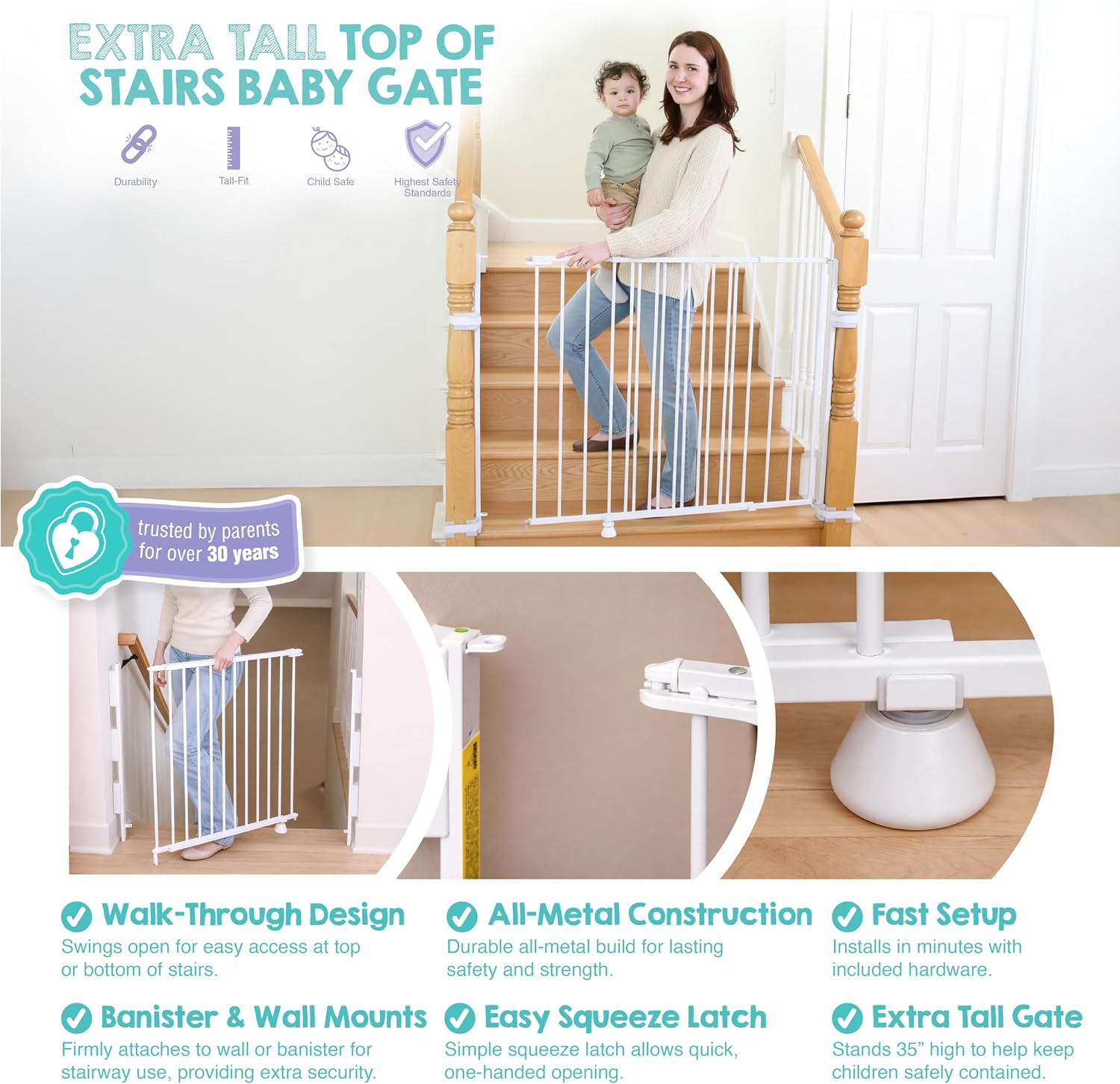Regalo Safety 36" Extra Tall Baby Gate for Top of Stairs & Dooways