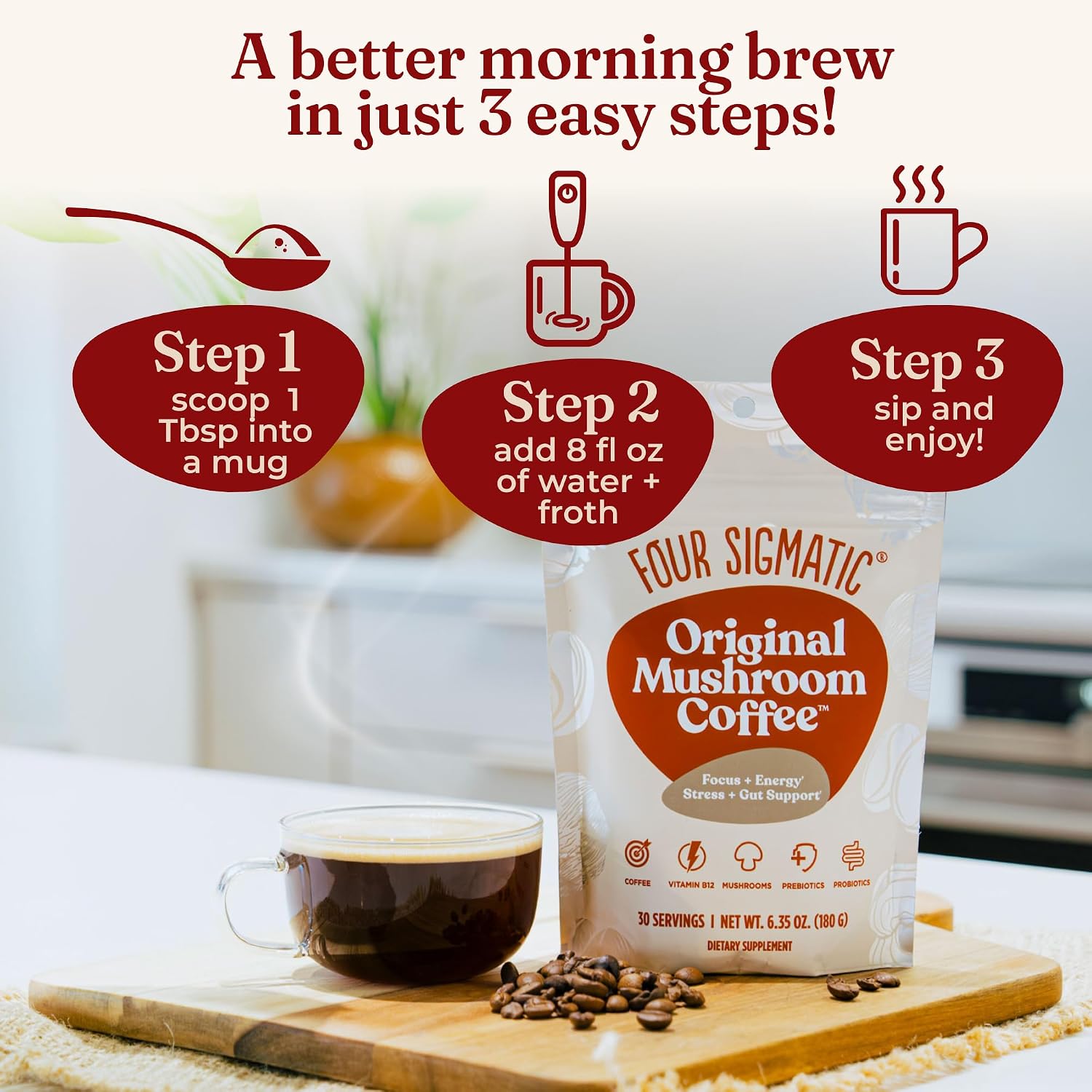 Four Sigmatic Organic Instant Coffee Powder | Mushroom Coffee Instant Mix with Cordyceps, Chaga and Eleuthero for Better Focus and Immune Support | 10 Packets