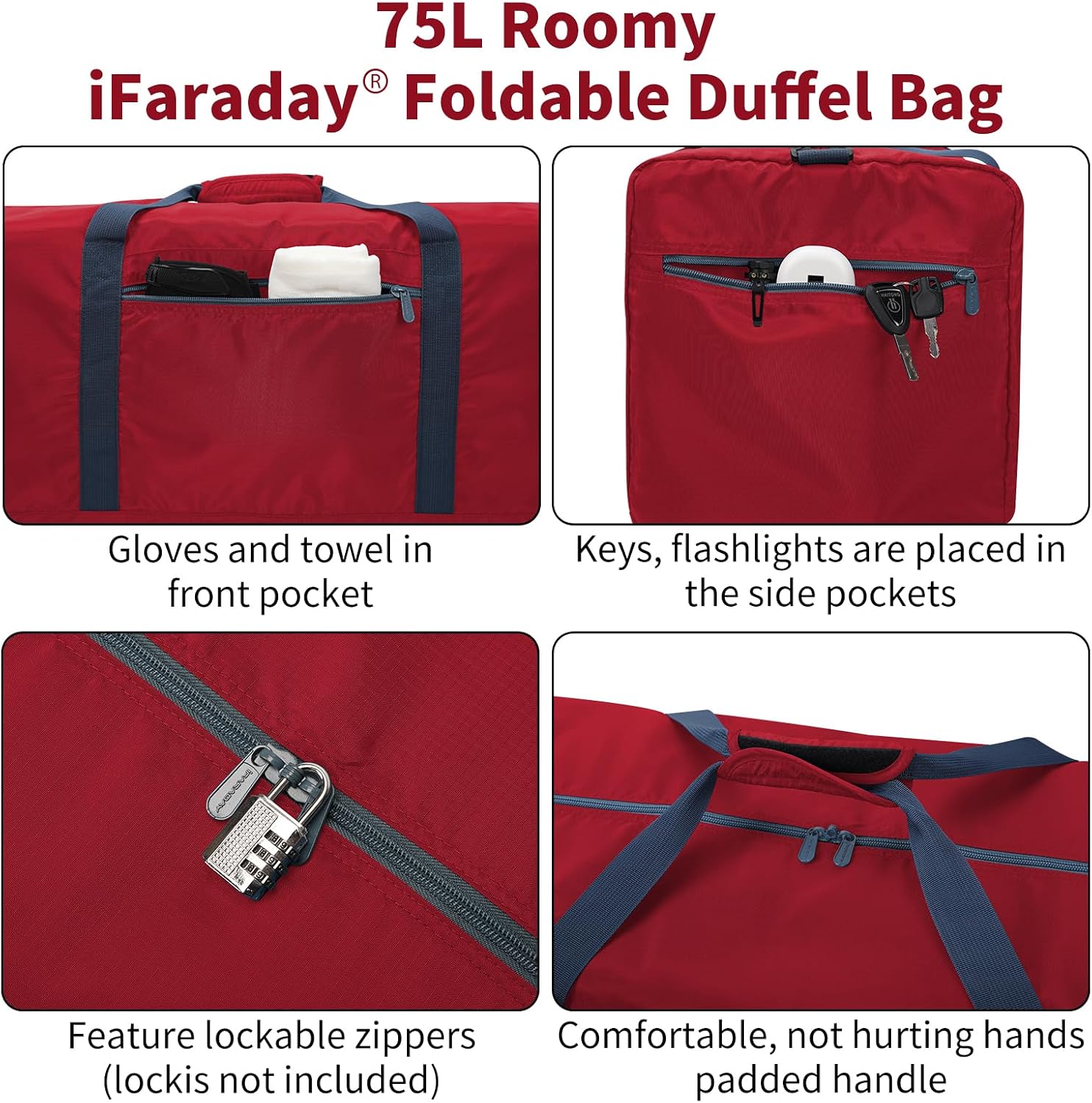 iFARADAY Foldable Duffel Bag Lightweight, 30 inch / 75L, Royal Blue