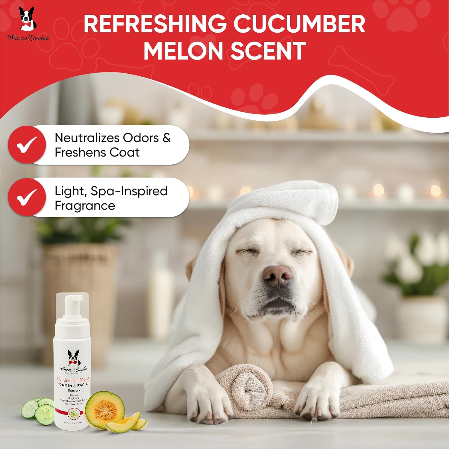 Warren London Foaming Pet Facial | Tear Free Dog Face Wash | Tearless Dog Shampoo for Faces & Dog Eye Stain Remover | Refreshing Cucumber Melon Wash | Made in USA | 8oz