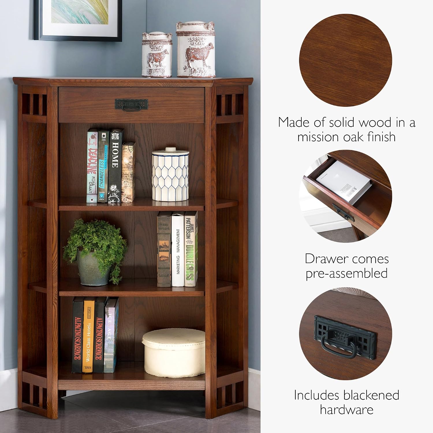 Leick Home Mission Corner Bookcase, 36", Mission Oak | Adjustable Shelves, Freestanding, Traditional, Wood, Furniture, 82263