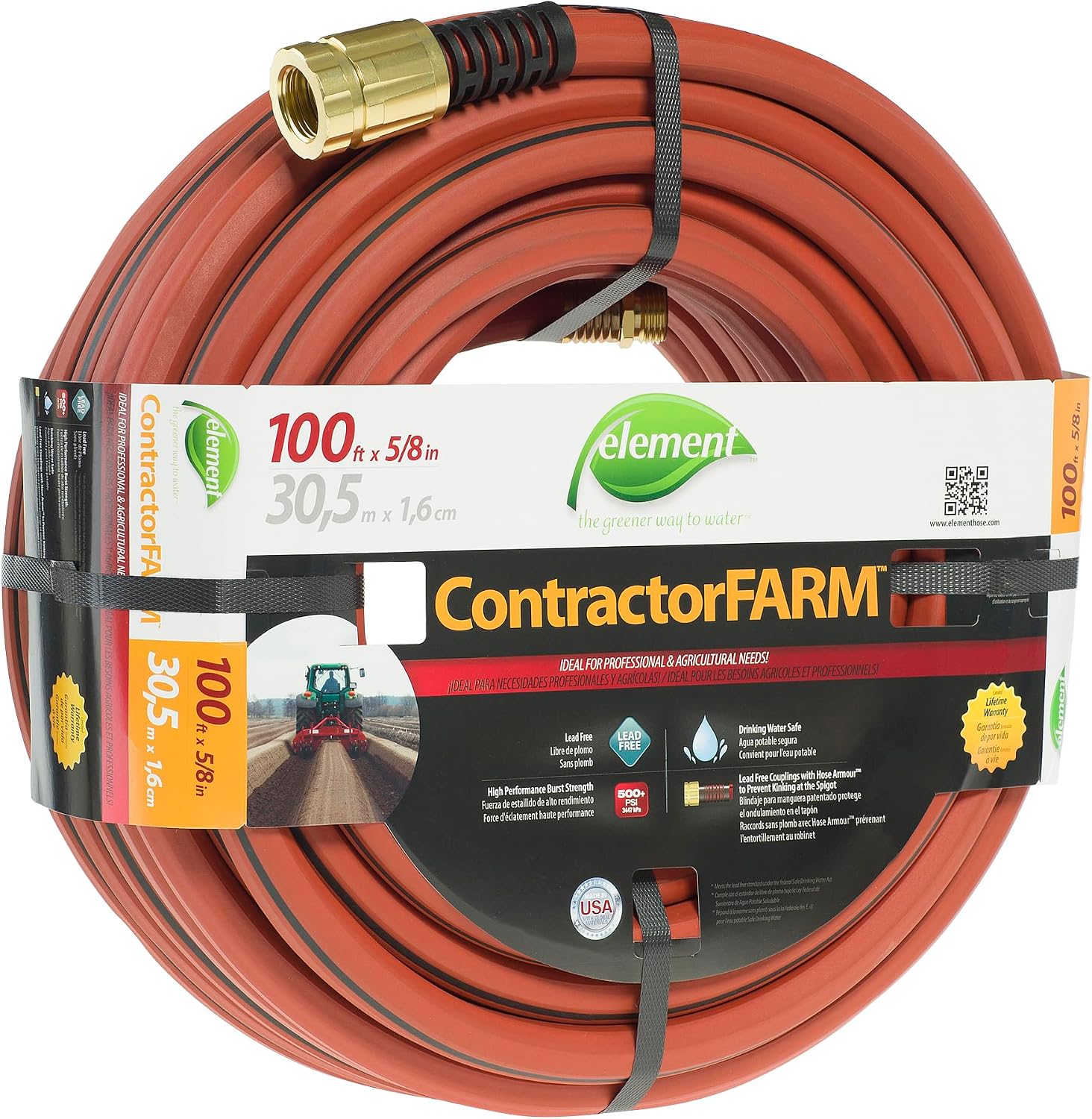 Element ContractorFARM Heavy Duty Watering Hose, 100' Length, 3/4" Diameter, 400+ PSI, Red