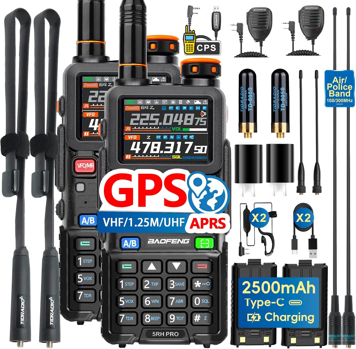 BAOFENG BF-5RH PRO GPS/APRS 10Ｗ Ham Handheld Radio, Multi-Band Long Range Two-Way Radio with 18.89'' Tactical Antenna