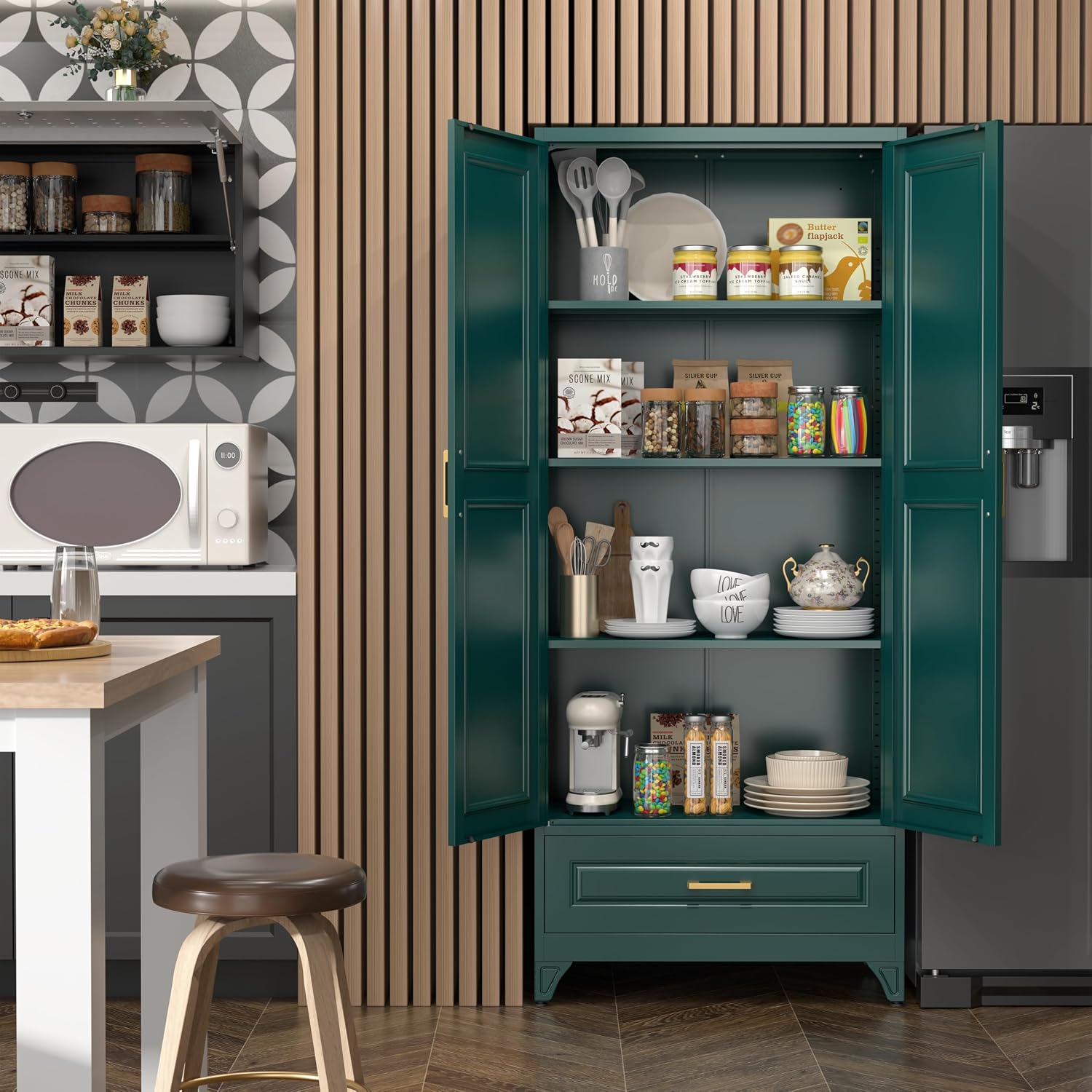 Steeloong 71"Metal Pantry Storage Cabinet with Doors & 4 Adjustable Shelves | Kitchen Pantry Cabinet,White Kitchen Cabinet with 2 Gold Handles,Tall Cabinet for Livingroom,Pantry, Bathroom,Kitchen
