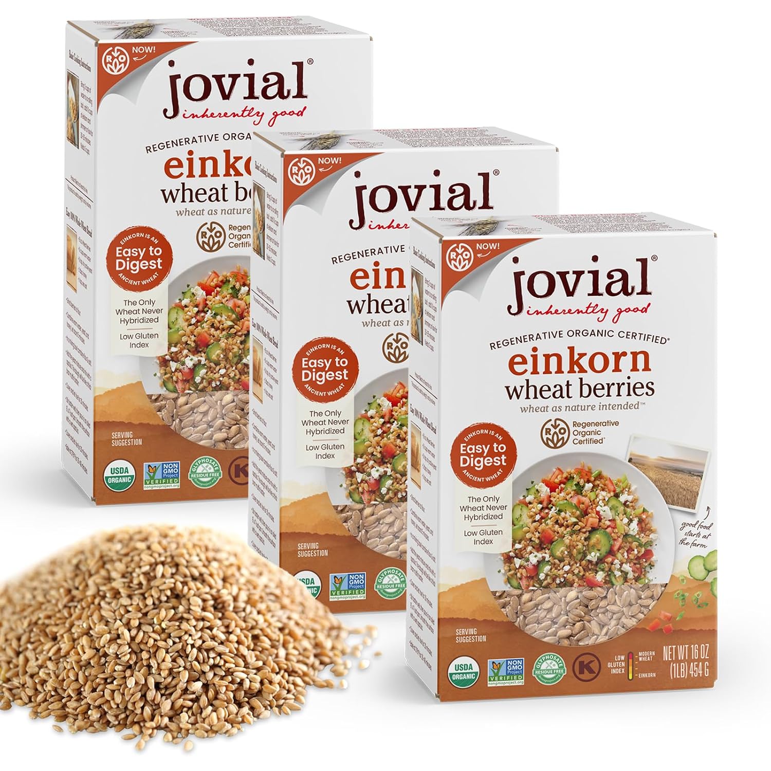 Jovial Einkorn 100% Organic Wheat Berries - Einkorn Berries, Organic Farro, High Protein, Non-GMO, USDA Certified, Lower Carb, Whole Grain, Product of Italy - 16 Oz