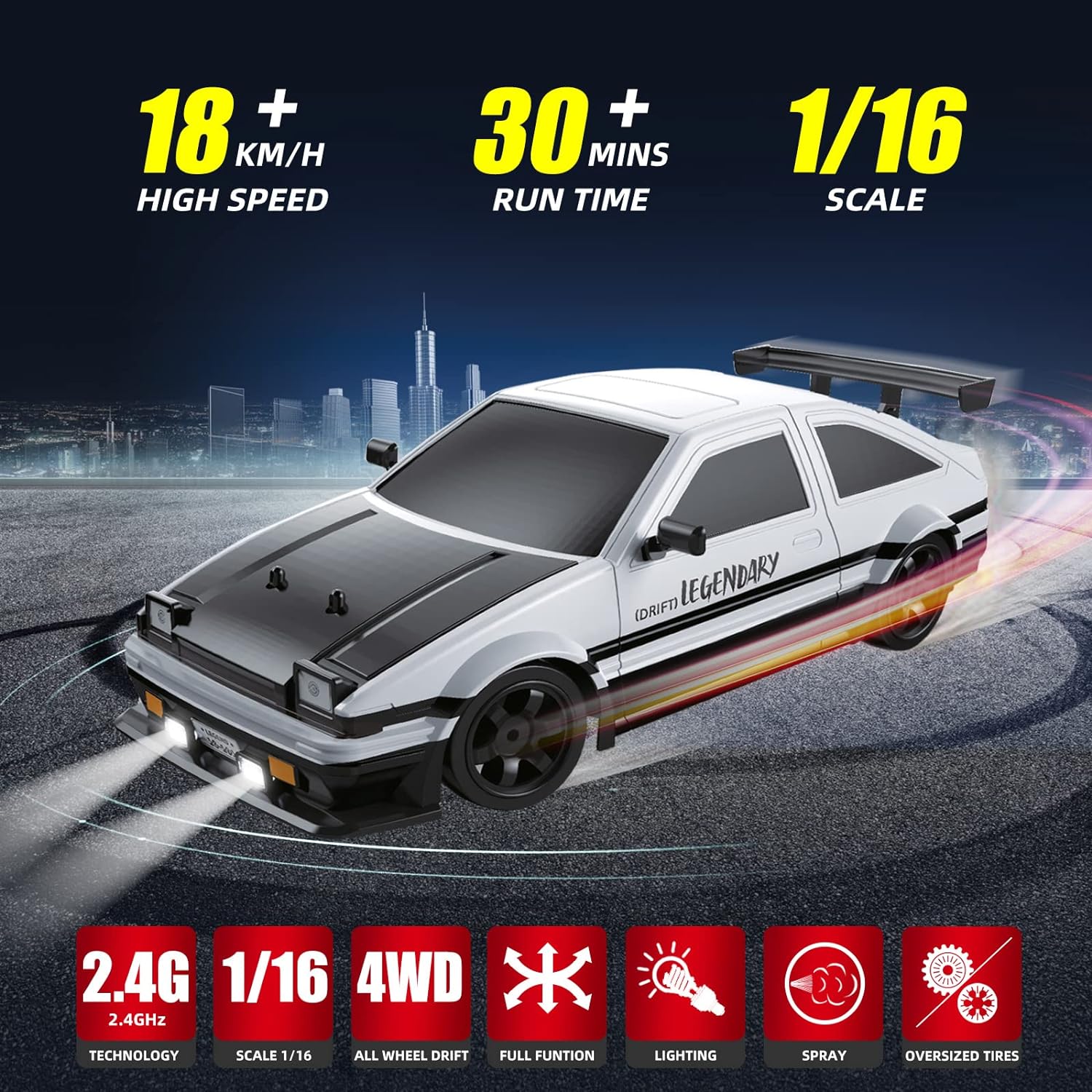 RC Drift Car 2.4GHz 1:16 Scale 4WD High Speed Remote Control Cars Vehicle with LED Lights Two Batteries and Drifting Tires Racing Sport Toy Cars for
