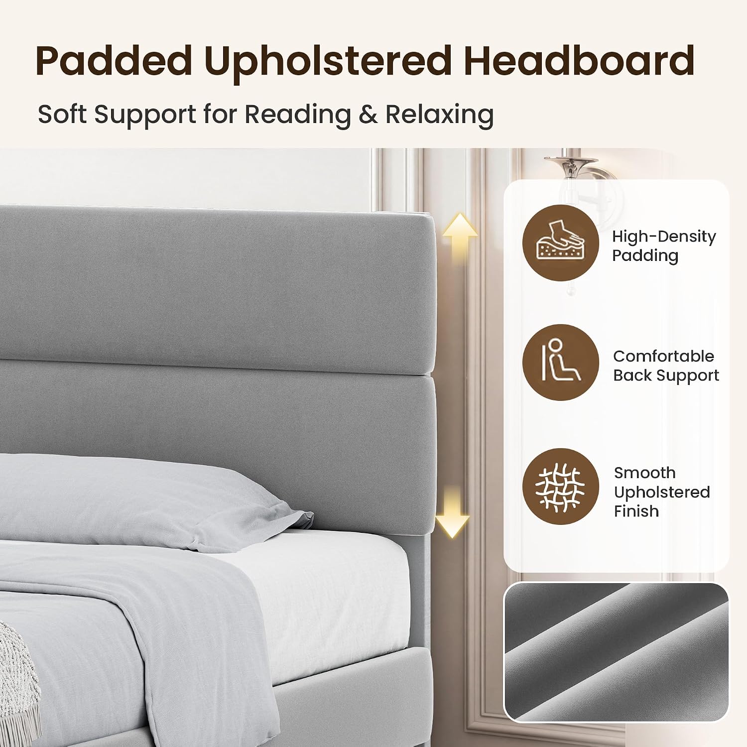 GRUSIGN Queen Size Platform Bed Frame with Velvet Headboard, Adjustable Height Wooden Slats Support, Upholstered Mattress Foundation, Fits Mattress or Mattress with Box Spring, Easy Assembly, Beige