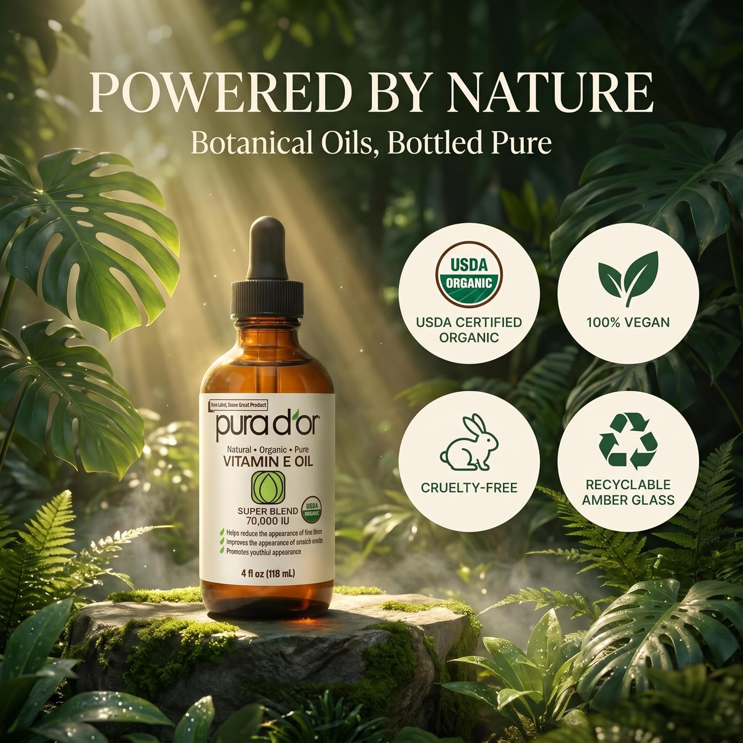 PURA D'OR Vitamin E Oil Botanical Blend, 4 fl oz | Ultra-Nourishing Hydration, USDA Certified, Jojoba, Argan, Almond, Avocado, Body Massage, Cuticles