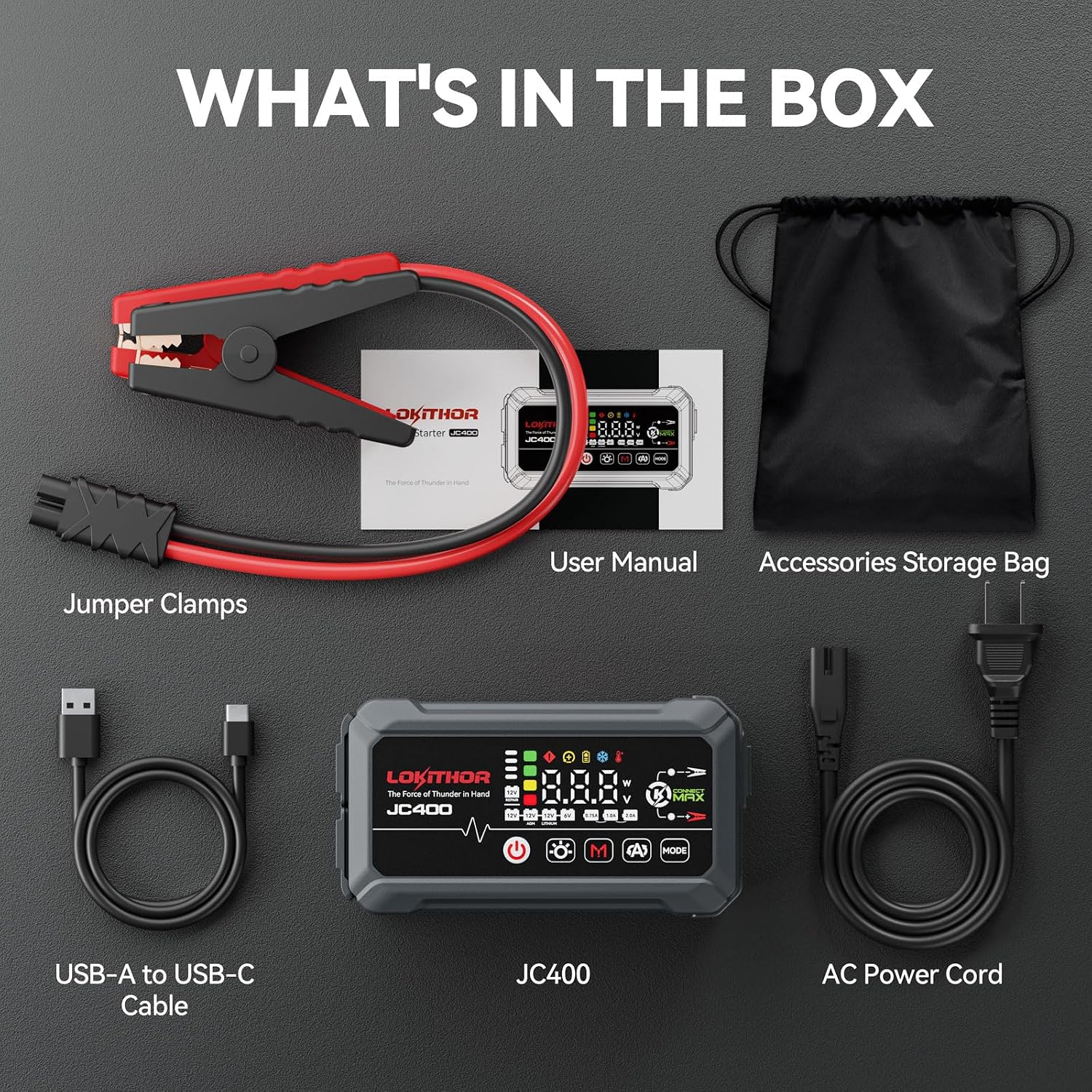 LOKITHOR JC400 2A Car Battery Charger and 2500A Jump Starter | 750mA/1A/2A, 6V/12V Automotive Battery Maintainer, Trickle Charger and Desulfator