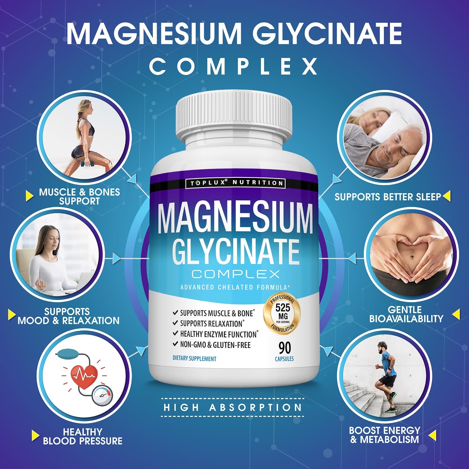 Magnesium Glycinate 525mg - High Absorption Chelated Magnesium Supplement Made with Pure Magnesium Glycinate - Supports Muscles, Sleep, Cramps